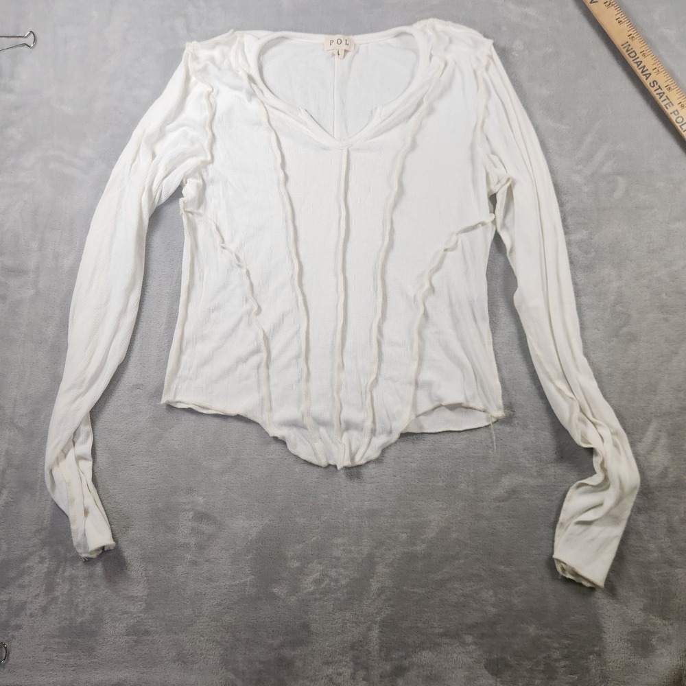 POL Ivory Rib Textured Long Sleeve  Raw Hem Top Blouse Women's Size Large‎